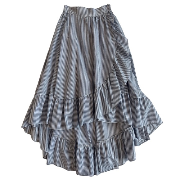 Maje Blue and White Striped Ruffled Wrap-Effect High-Low Maxi Skirt - Picture 5 of 13